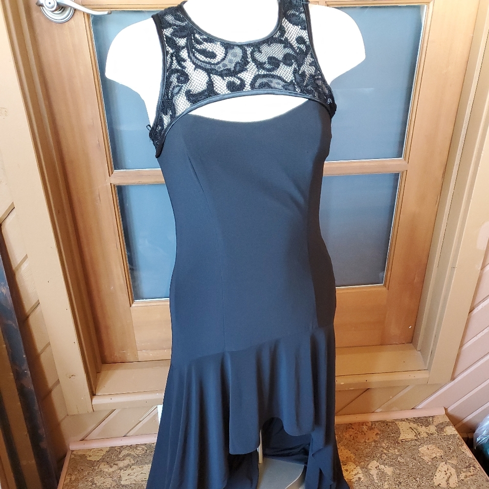 Blondie Nites Black Lace Bodice Cut Outs ASymetrical Mini to Maxi Gown Size 5